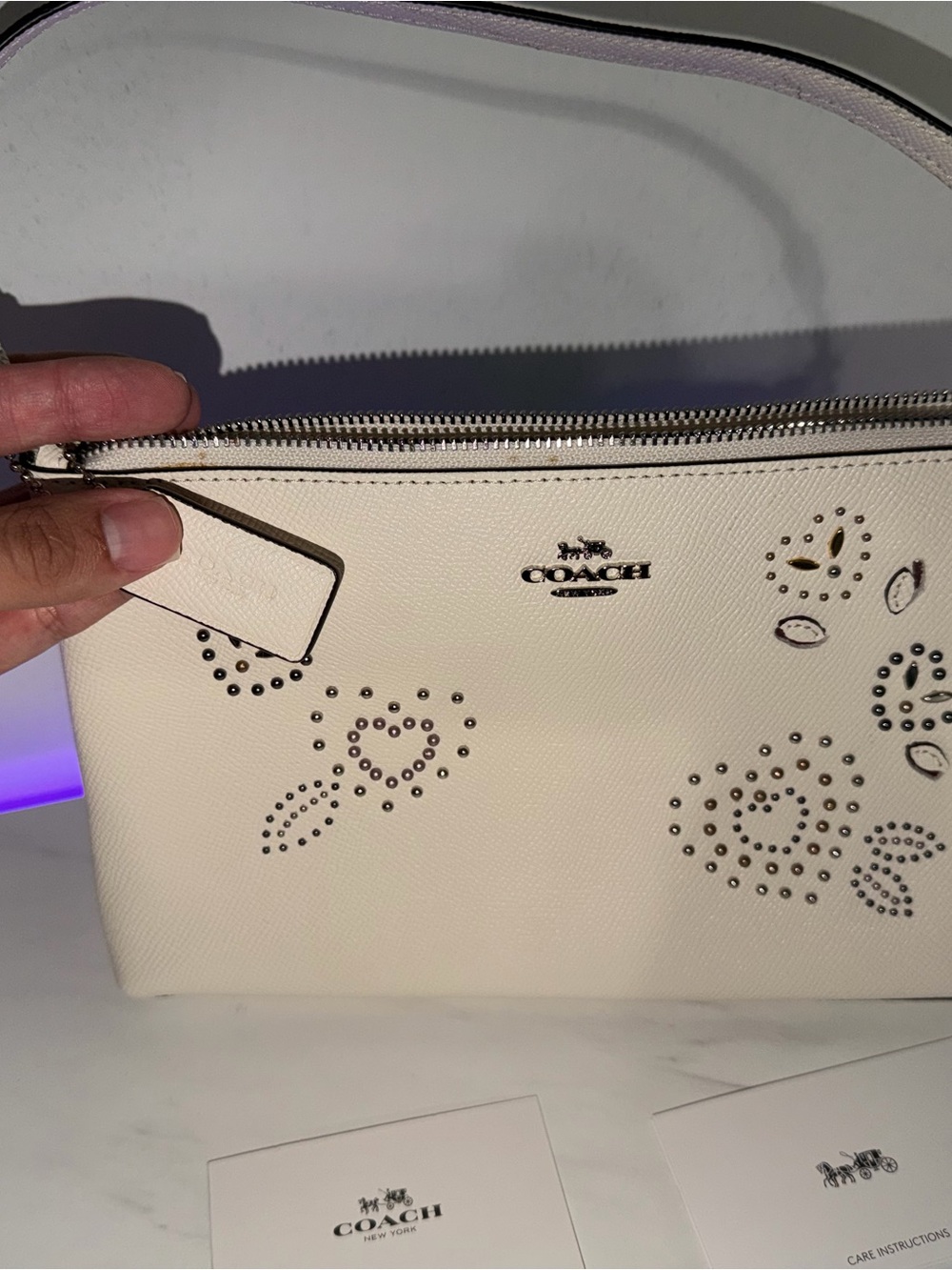 Coach Ivory Studded Floral Zip Pouch